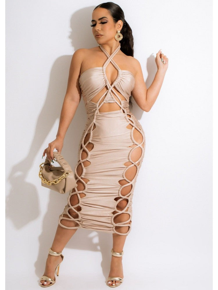 Sexy Pure Color Hollowed Out Bandage Halter Women's Dress