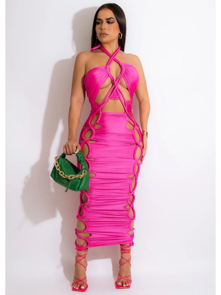 Sexy Pure Color Hollowed Out Bandage Halter Women's Dress