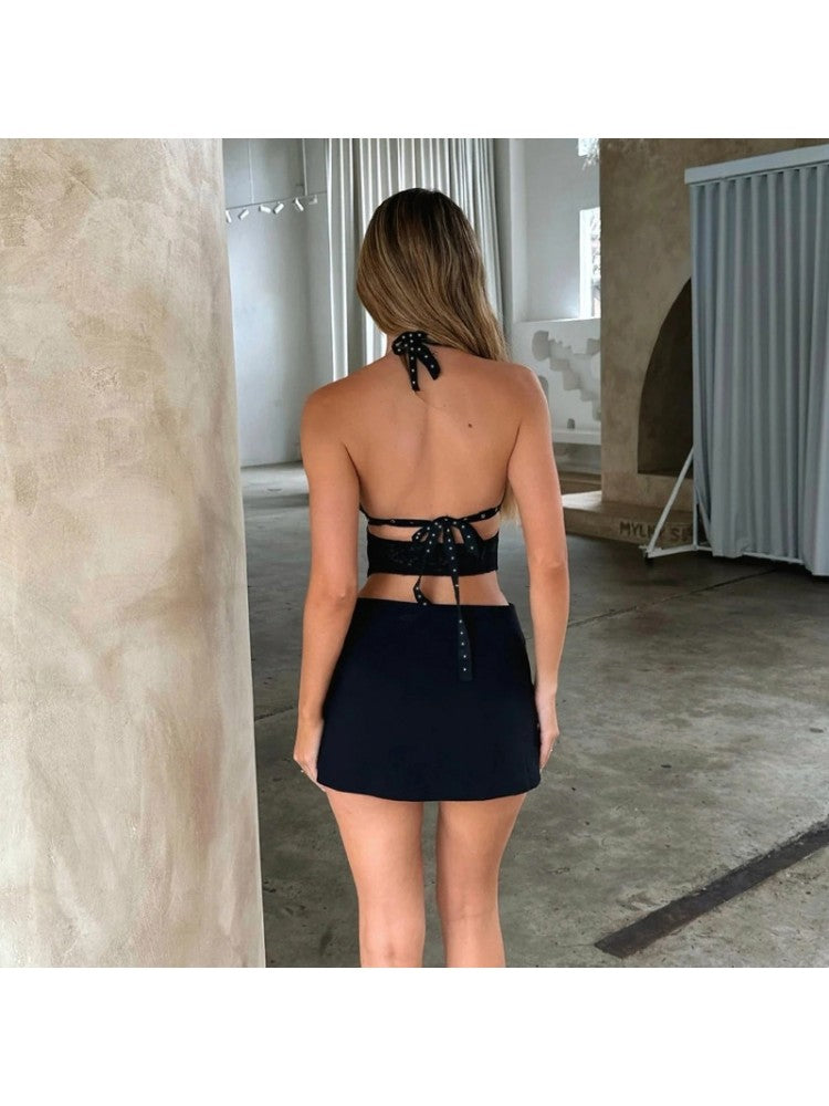 Metal Buckle Halter Backless Mini Dress