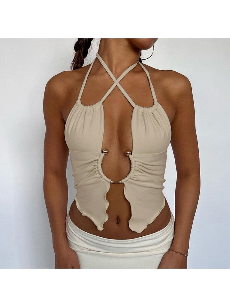 Metal Ring Halter Lace Up Tank