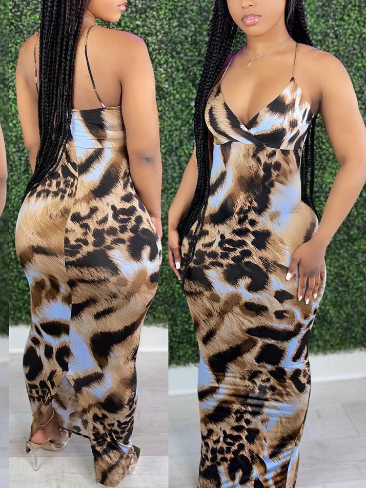 Sexy Fitted Leopard Print Camisole Bodycon Maxi Dress