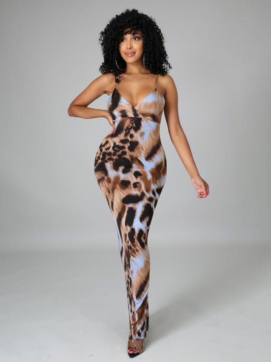 Sexy Fitted Leopard Print Camisole Bodycon Maxi Dress