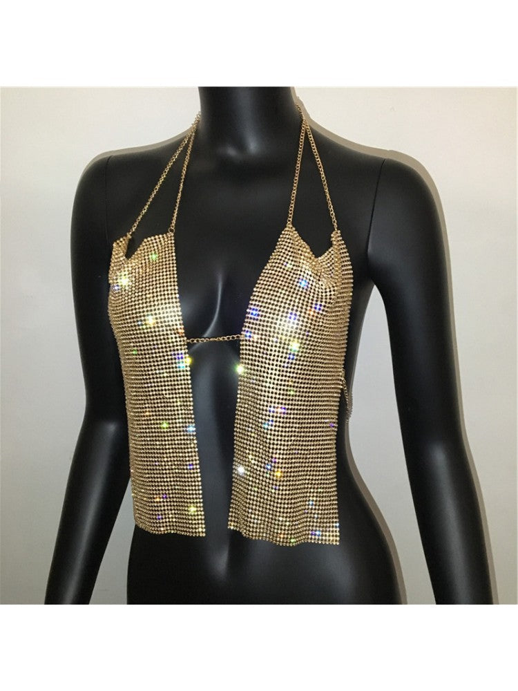 Rhinestone Chain Halter Backless Design Tops